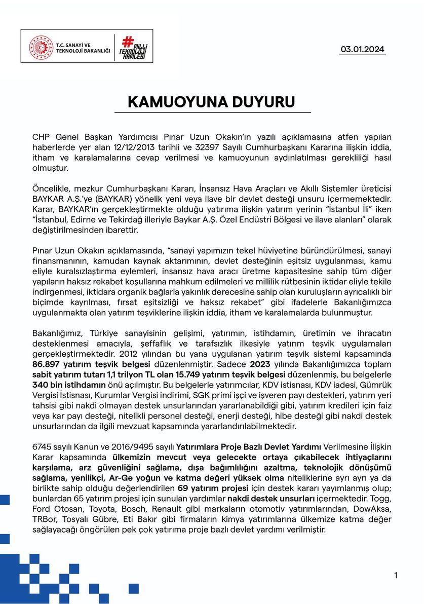 Sanayi ve Teknoloji Bakanlığı, CHP'li Vekilin Yatırım Teşvikleri İddialarını Yalanladı
