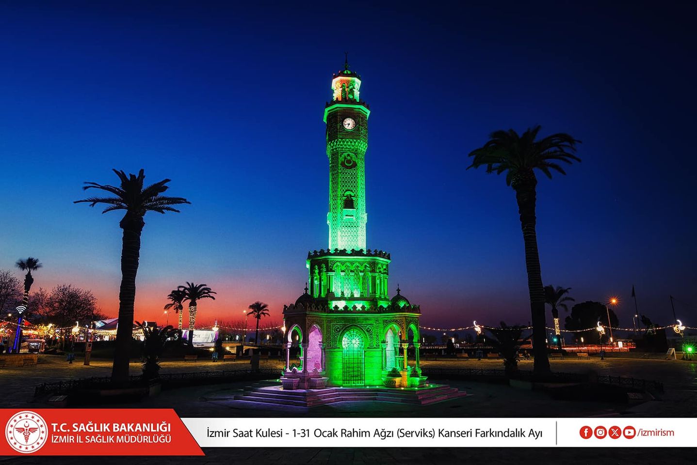 İzmir Saat Kulesi, Serviks Kanseri Farkındalık Ayı için yeşil ışıklarla aydınlatılıyor