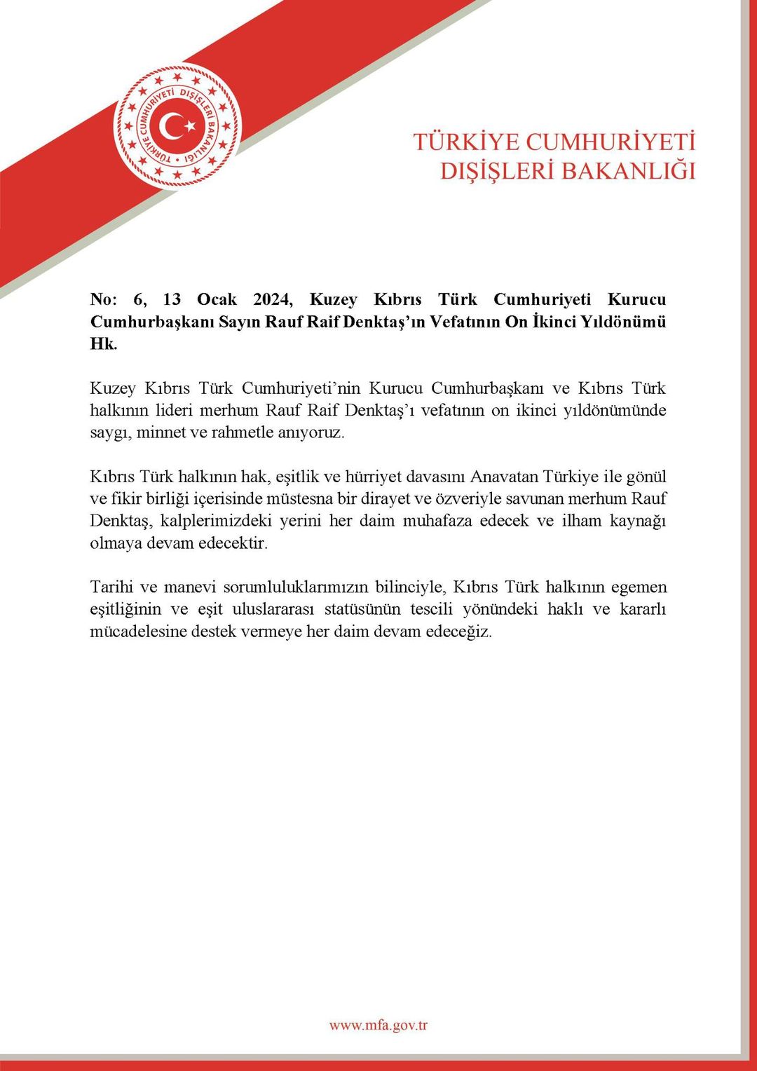 KKTC'nin kurucu Cumhurbaşkanı Rauf Denktaş'ın vefatının 12. yılında anma mesajı yayımlandı