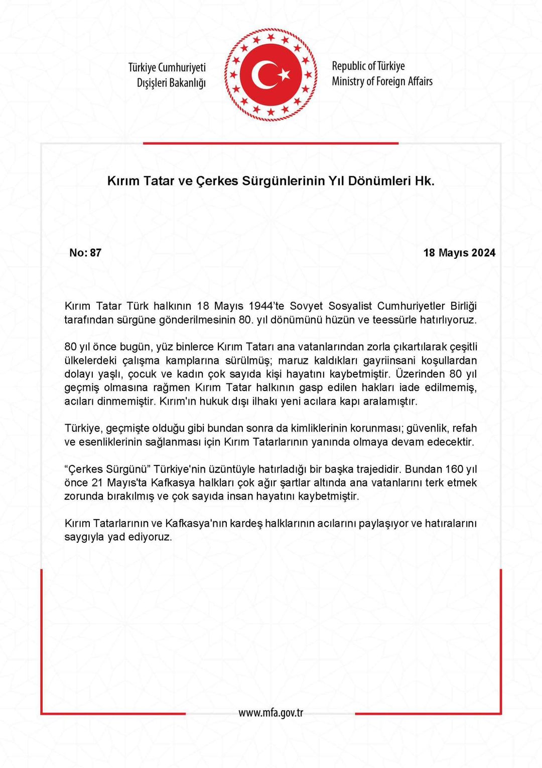 Kırım Tatar ve Çerkes Sürgünleri Yıl Dönümü Vesilesiyle Türkiye'den Açıklama