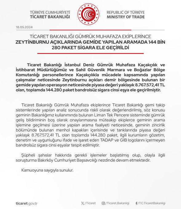Türkiye Cumhuriyeti Ticaret Bakanı: Zeytinburnu Açıklarında Kaçak Sigara Operasyonu