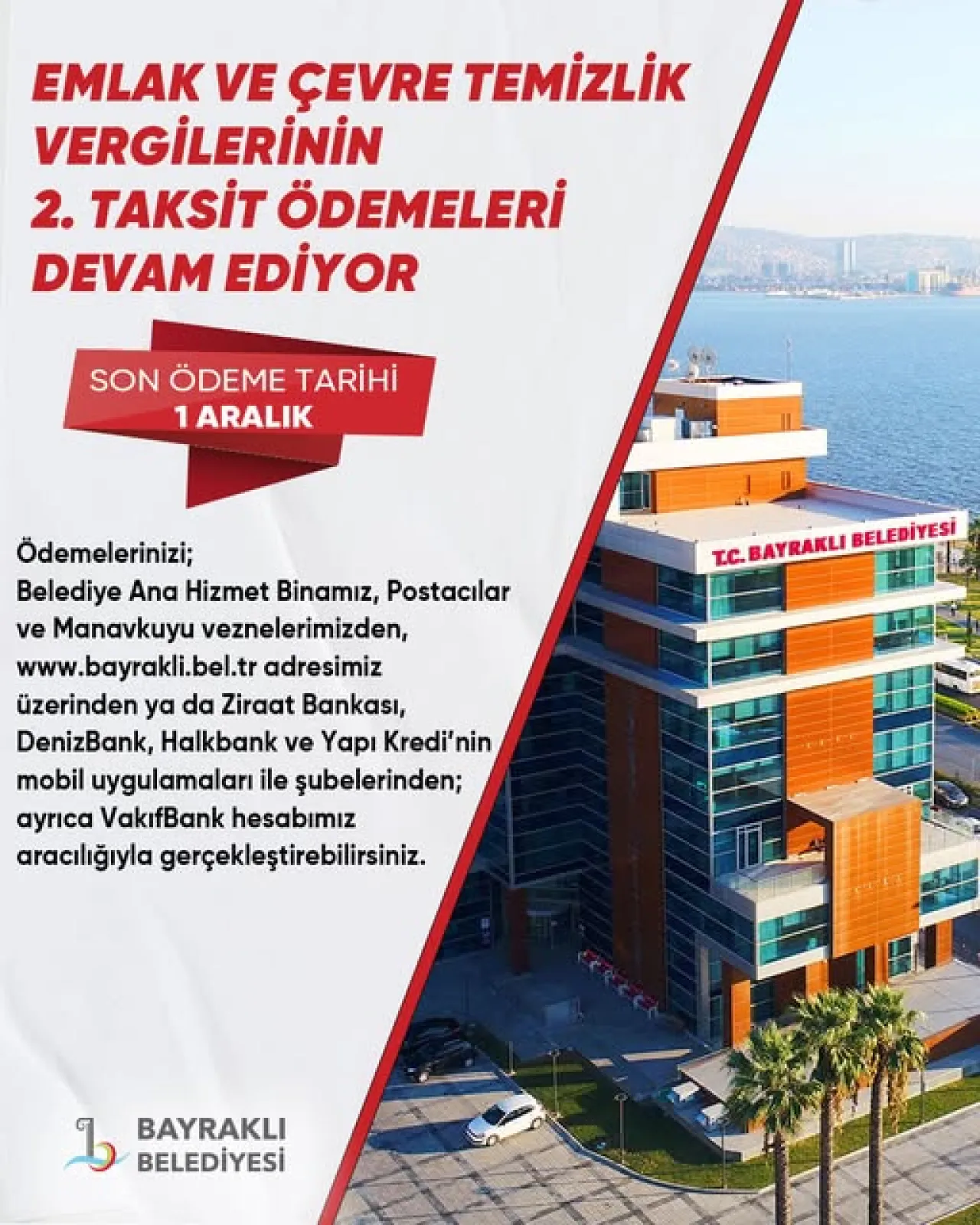 Bayraklı'da Emlak ve Çevre Temizlik Vergisi Ödeme Tarihi 1 Aralık 2025'e Uzatıldı